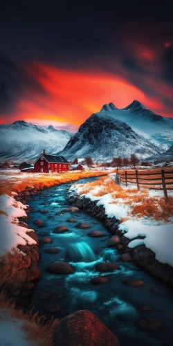 a beautiful photo nordic village norway red aurora bore d9016703-3d25-46a3-88a6-1f859bcca151