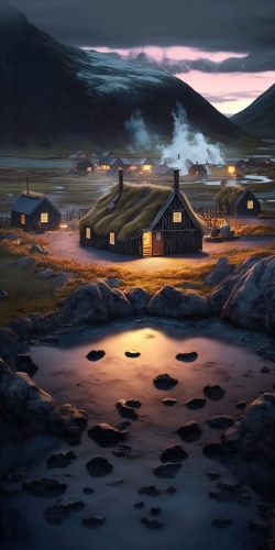 a beautiful photo of a a small nordic village scattered 3ea2b6b9-5052-47e4-9a2e-58dac446cd87