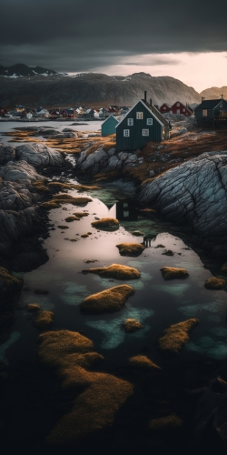 a beautiful photo of a a small nordic village scattered 470c3c0c-aa0a-42f1-8e4c-b2c30b6b676a